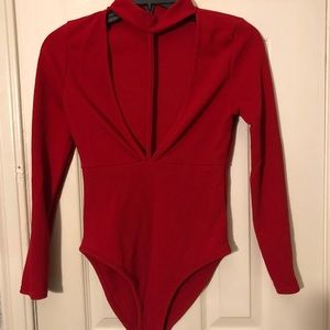 Red Bodysuit, Cut Out Front, Stretch Material